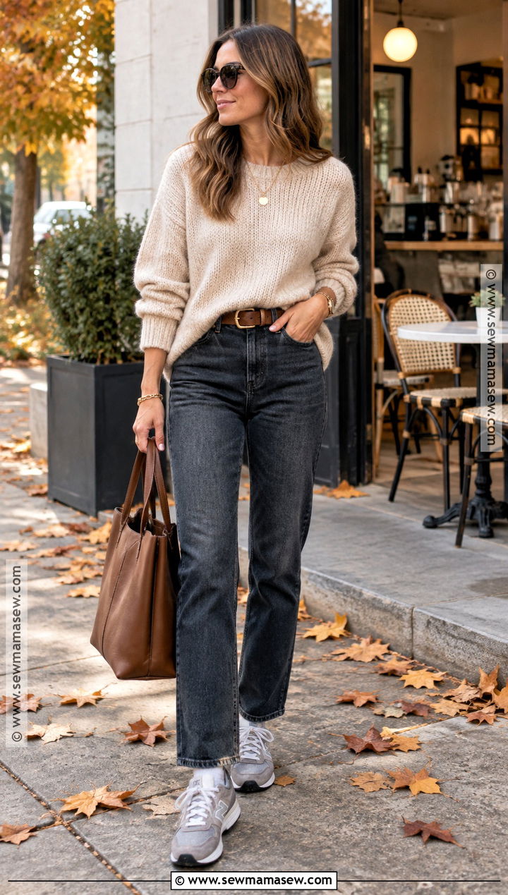 New Balance 574 With Sweater And Straight Jeans - 15 cute fall outfits with new balance