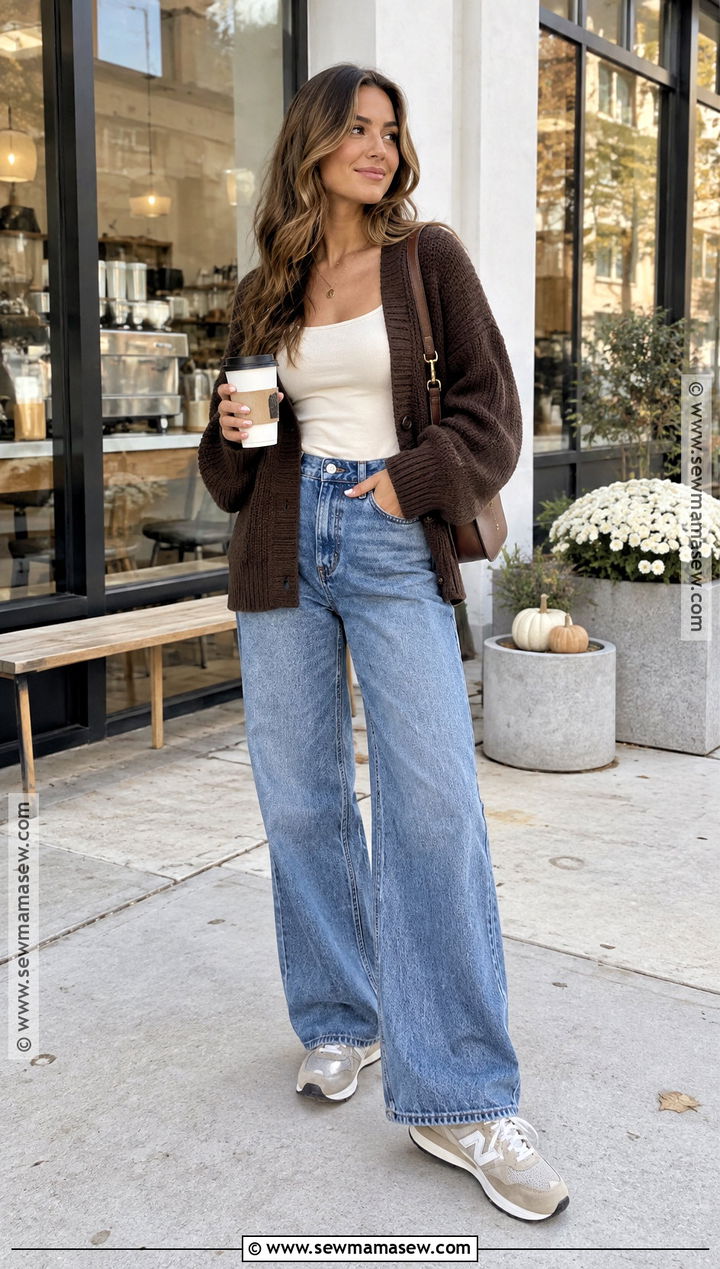 New Balance 574 With Wide Leg Jeans And Cardigan - 15 new balance 574 outfit women fall ideas