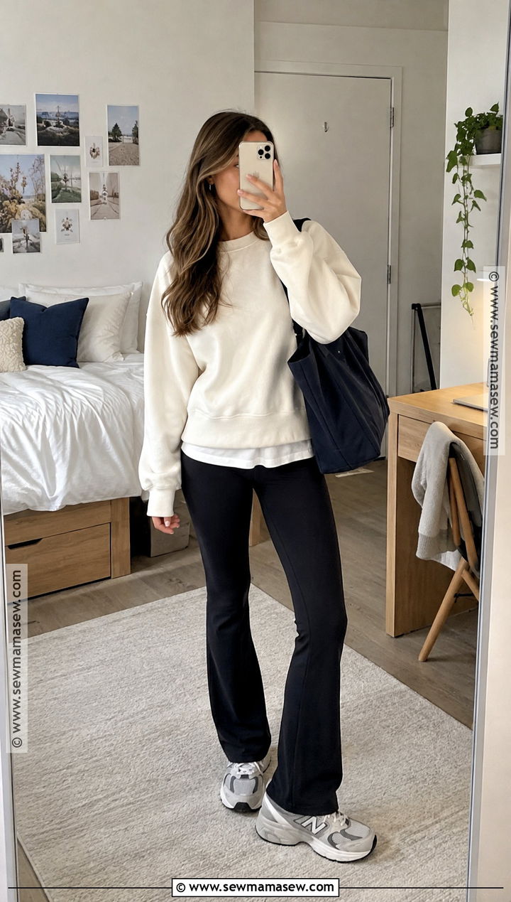 New Balance 9060 With Flare Leggings And Sweatshirt - 15 New Balance Outfit Back To School Ideas