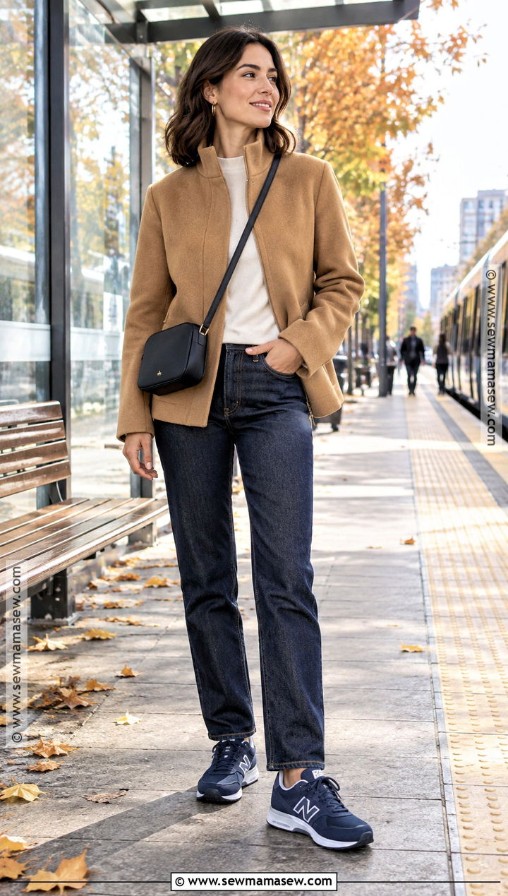 New Balance Sneakers With Dark Jeans And Funnel Neck Jacket - 20 new balance autumn outfit ideas