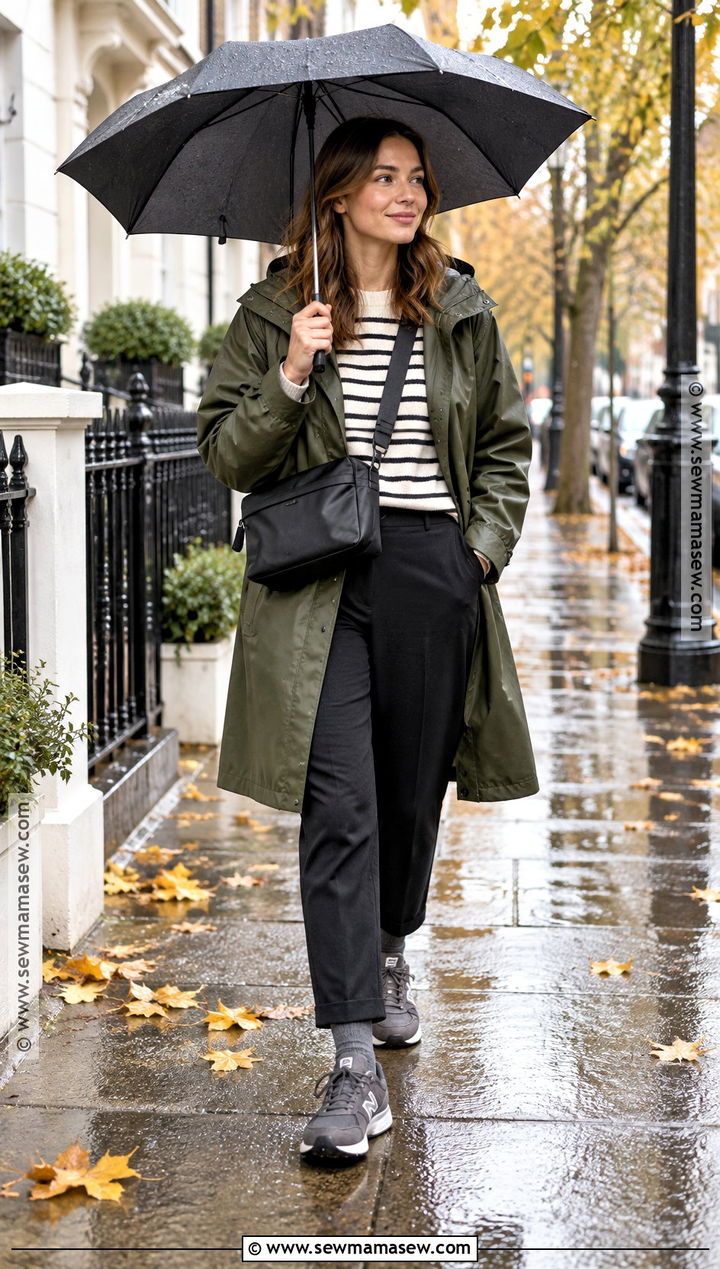 New Balance Sneakers With Raincoat And Tapered Pants - 20 new balance autumn outfit ideas