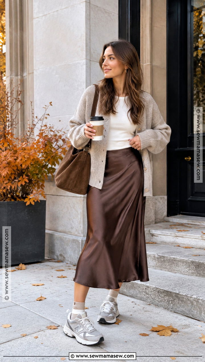New Balance With Cardigan And Satin Midi Skirt - 20 fall new balance outfit ideas