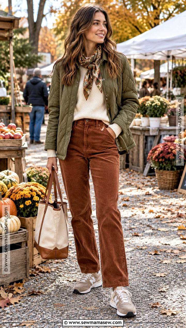 New Balance With Quilted Jacket And Corduroy Pants - 20 fall new balance outfit ideas