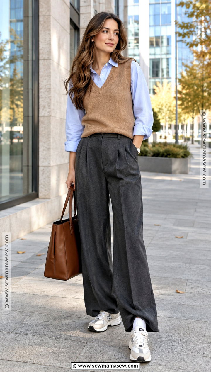 New Balance With Sweater Vest And Pleated Trousers - 20 fall new balance outfit ideas