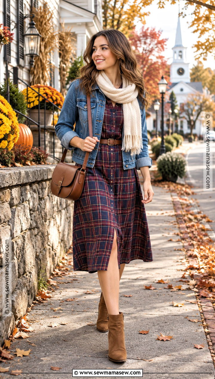 New England Fall Denim Jacket And Plaid Dress Outfit - 15 new england fall clothes