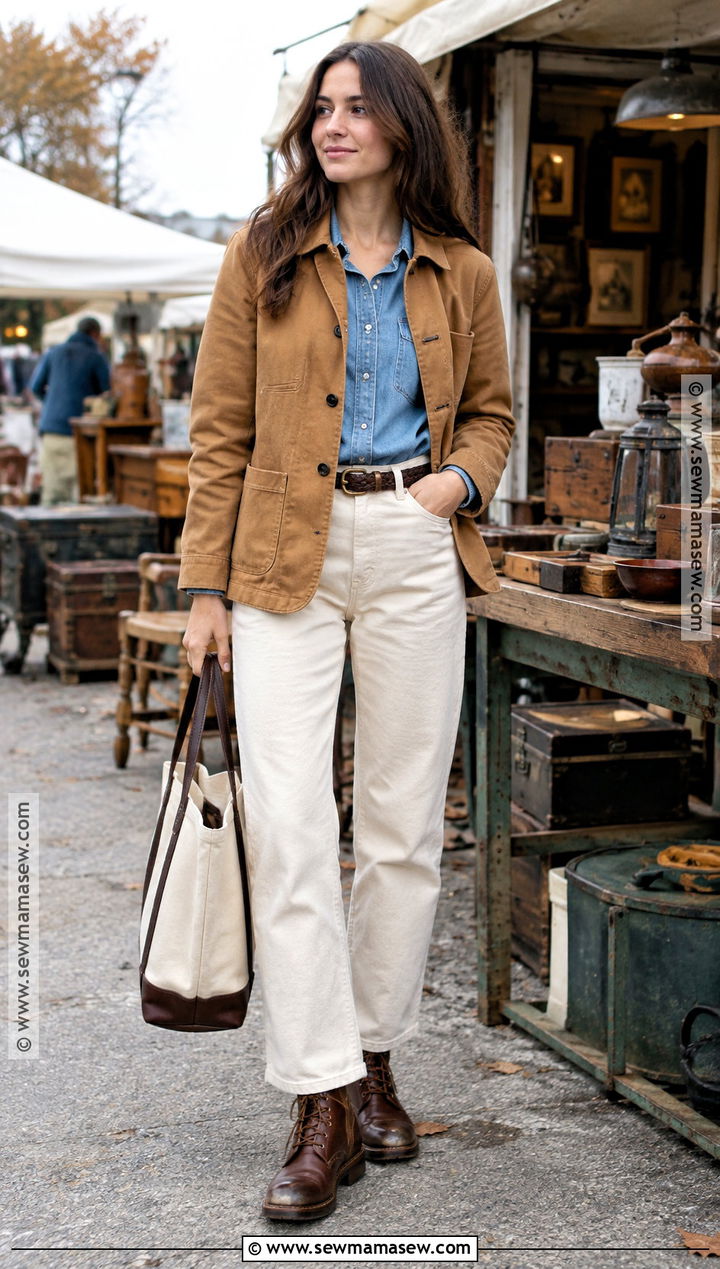 New England Fall Denim Shirt And Chore Coat Outfit - 15 New England Fall Outfits Casual