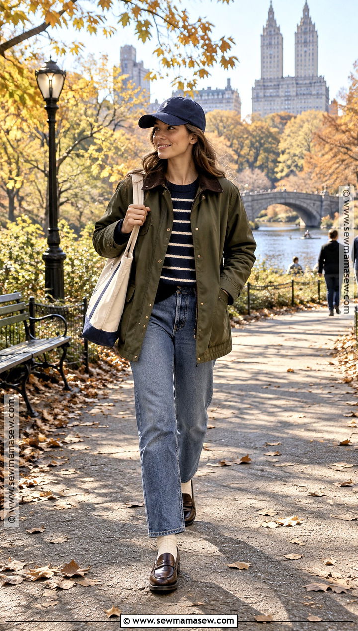 New York Autumn Barn Jacket Striped Sweater And Jeans Outfit - 25 new york autumn outfit ideas