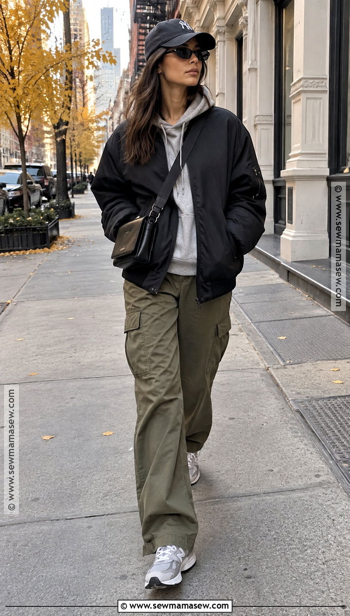 New York Autumn Bomber Jacket Hoodie And Cargo Pants Outfit - 25 new york autumn outfit ideas