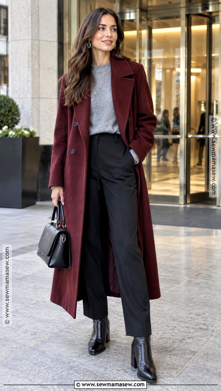 New York Autumn Burgundy Coat Gray Knit And Black Trousers Outfit - 25 new york autumn outfit ideas