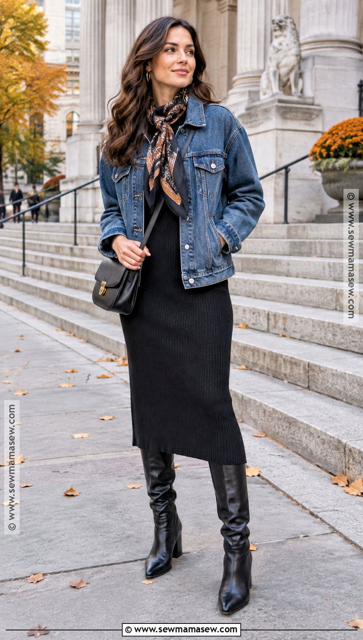 New York Autumn Denim Jacket Knit Dress And Knee High Boots Outfit - 25 new york autumn outfit ideas