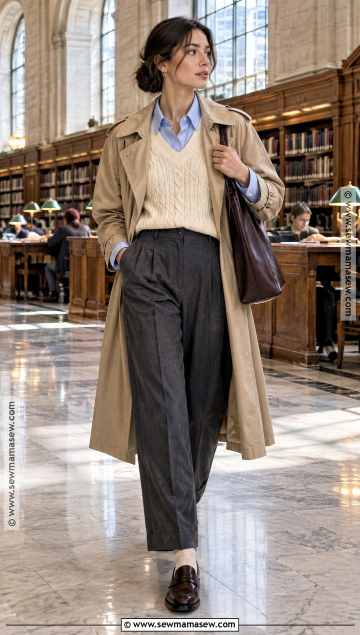 New York Autumn Sweater Vest Oxford Shirt And Pleated Pants Outfit - 25 new york autumn outfit ideas