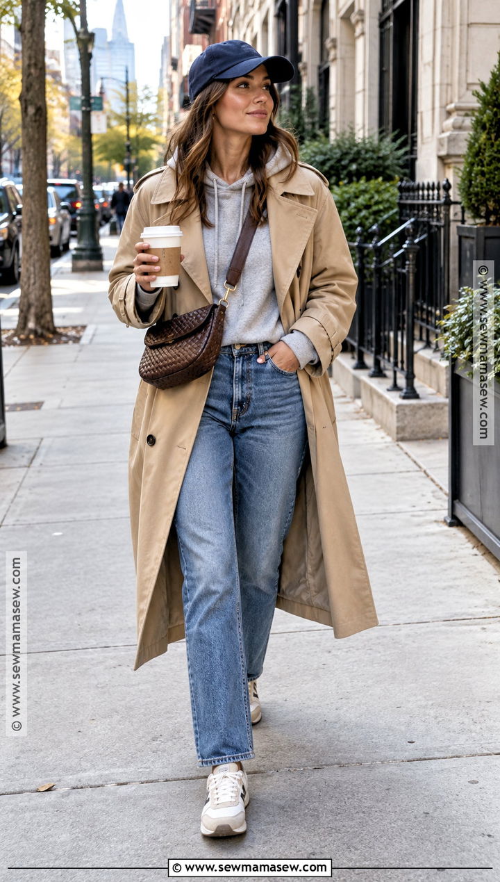 New York Autumn Trench Coat Hoodie Jeans And Baseball Cap Outfit - 25 new york autumn outfit ideas