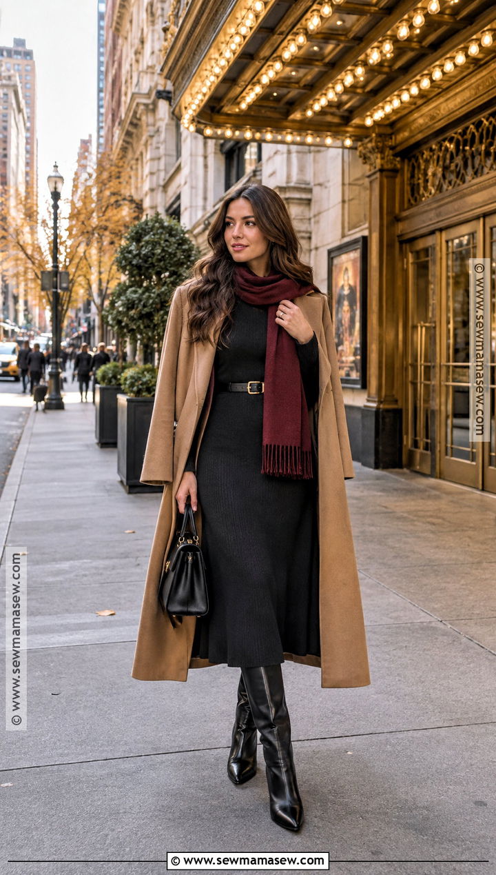 New York Fall Black Dress And Oversized Coat Outfit - 25 new york fall outfit ideas