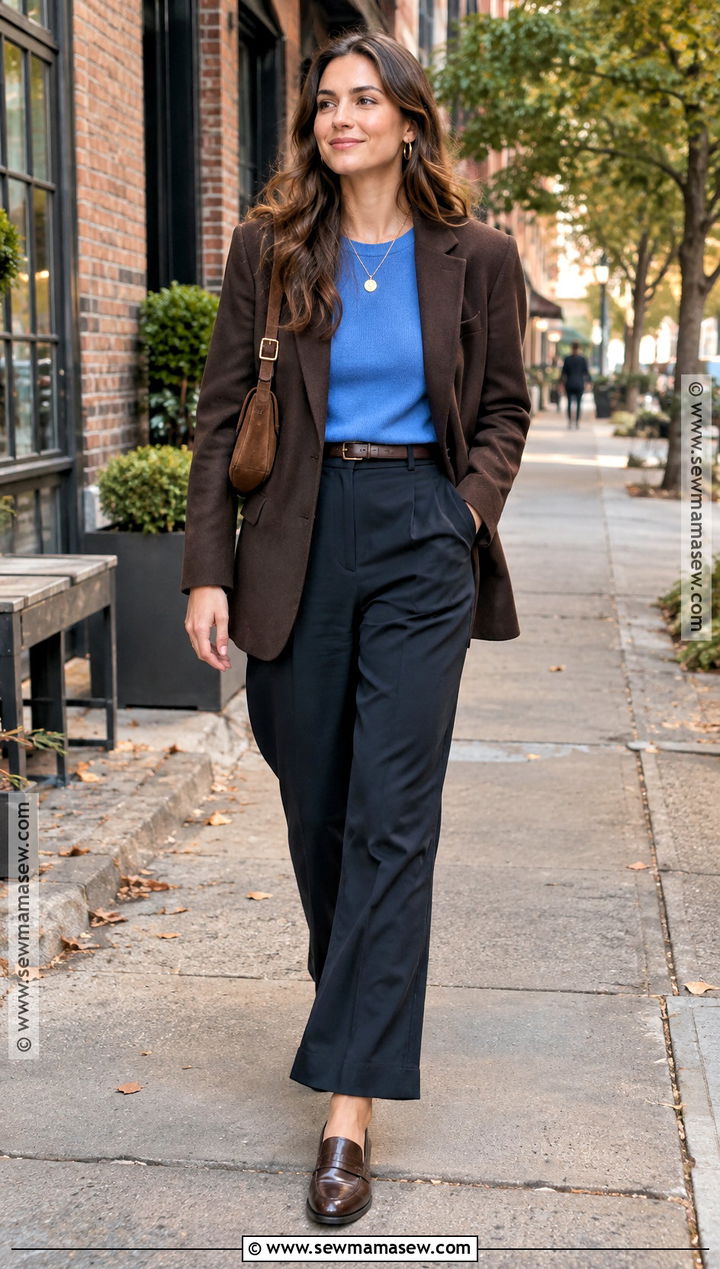 New York Fall Blue Tee And Brown Blazer Outfit - 25 new york fall outfit ideas