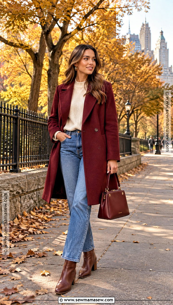 New York Fall Burgundy Coat And Denim Outfit - 20 fall new york outfit ideas