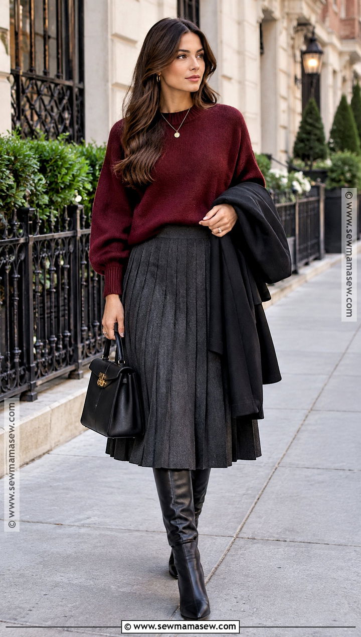 New York Fall Burgundy Sweater And Midi Skirt Outfit - 15 New York Looks Fall