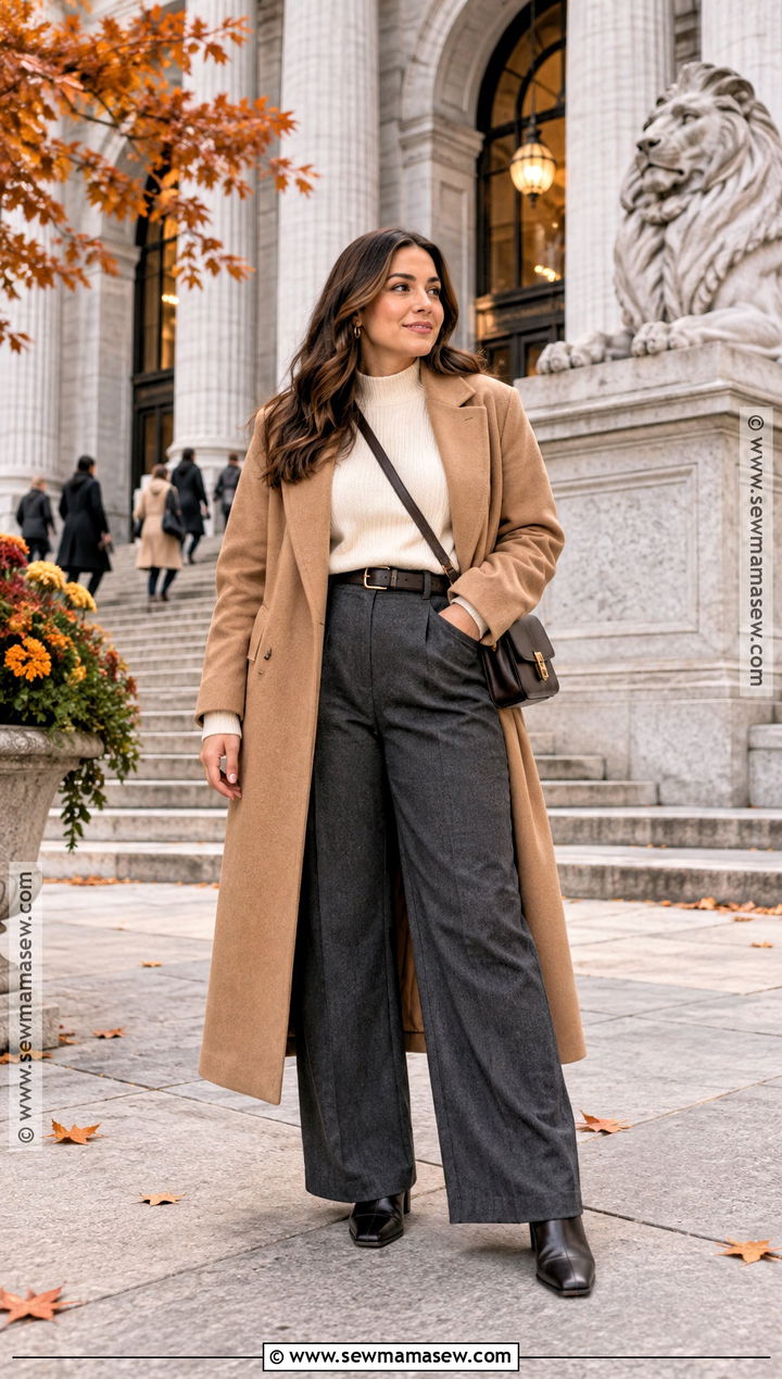 New York Fall Camel Coat And Wide Leg Trousers Outfit - 15 new york vacation outfits fall