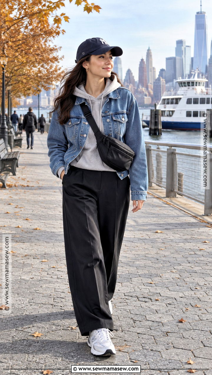 New York Fall Denim Jacket Hoodie And Trousers Outfit - 15 new york vacation outfits fall