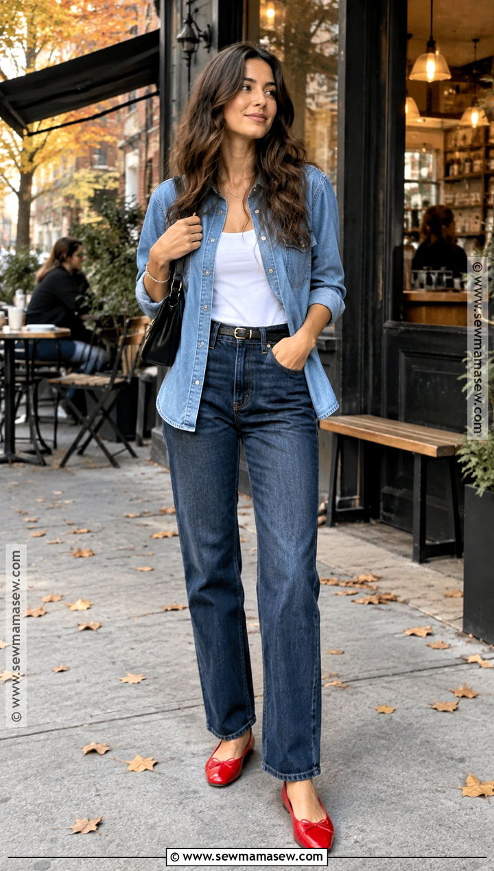 New York Fall Double Denim And Red Flats Outfit - 25 new york fall outfit ideas