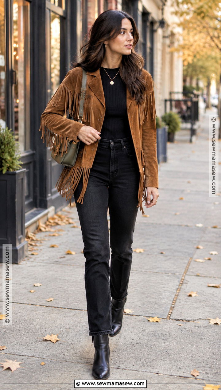 New York Fall Fringe Jacket And Black Jeans Outfit - 15 new york vacation outfits fall