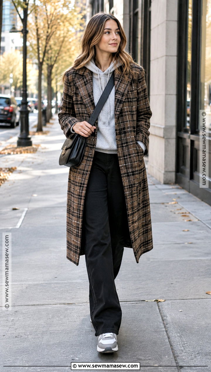 New York Fall Plaid Coat And Hoodie Outfit - 25 new york fall outfit ideas