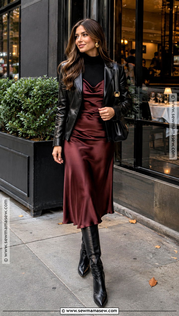 New York Fall Slip Dress And Leather Jacket Outfit - 20 New York Fall Style Ideas