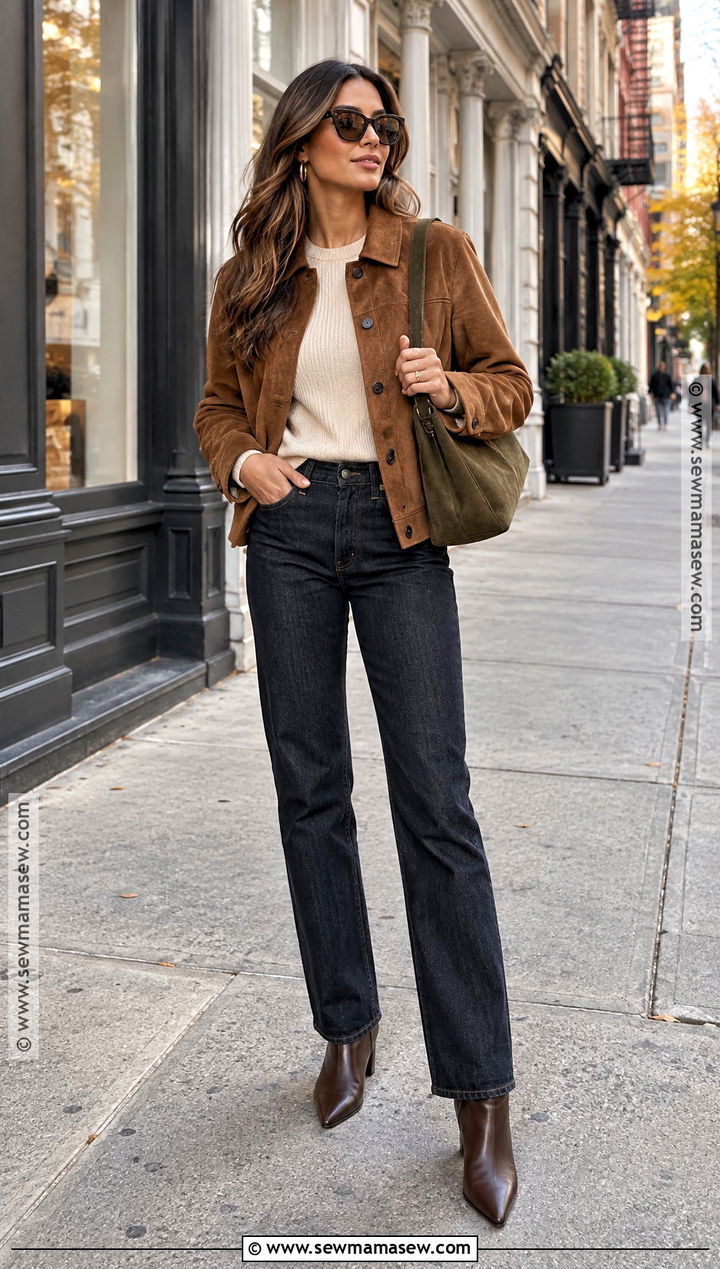 New York Fall Suede Jacket And Dark Jeans Outfit - 20 fall new york outfit ideas