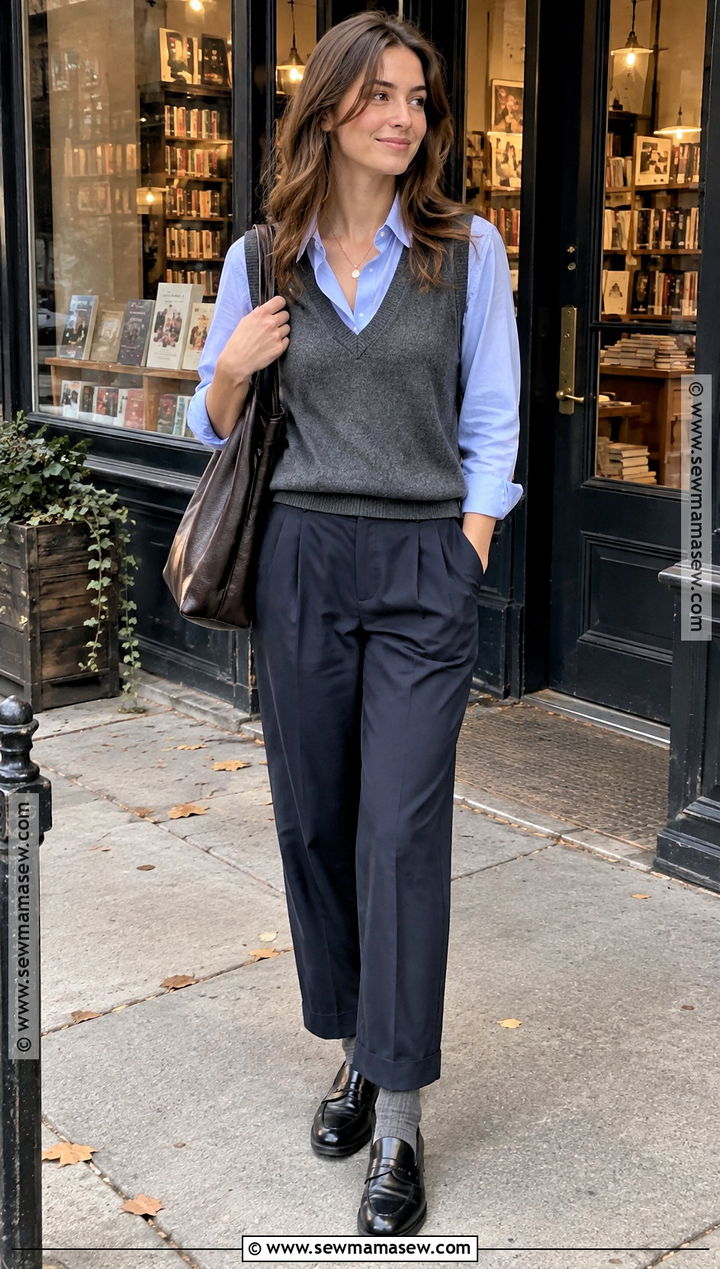 New York Fall Sweater Vest And Button Down Shirt Outfit - 20 new york fall outfit street styles