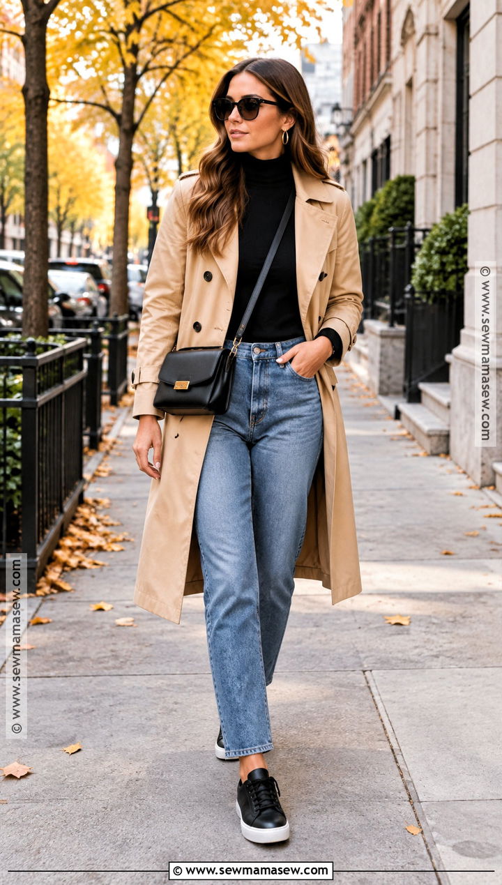 New York Fall Trench Coat Turtleneck And Jeans Outfit - 15 new york vacation outfits fall