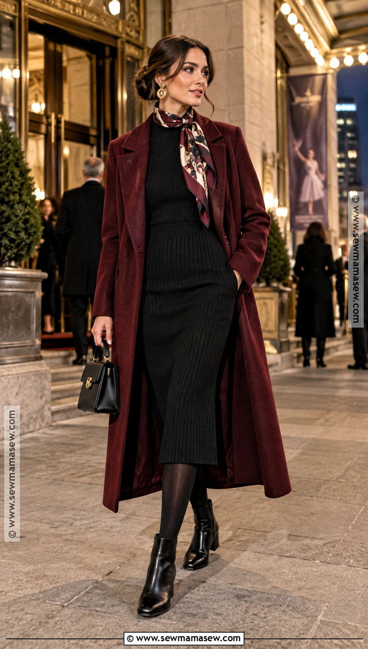 New York Fall Wool Coat And Black Midi Dress Outfit - 15 new york vacation outfits fall