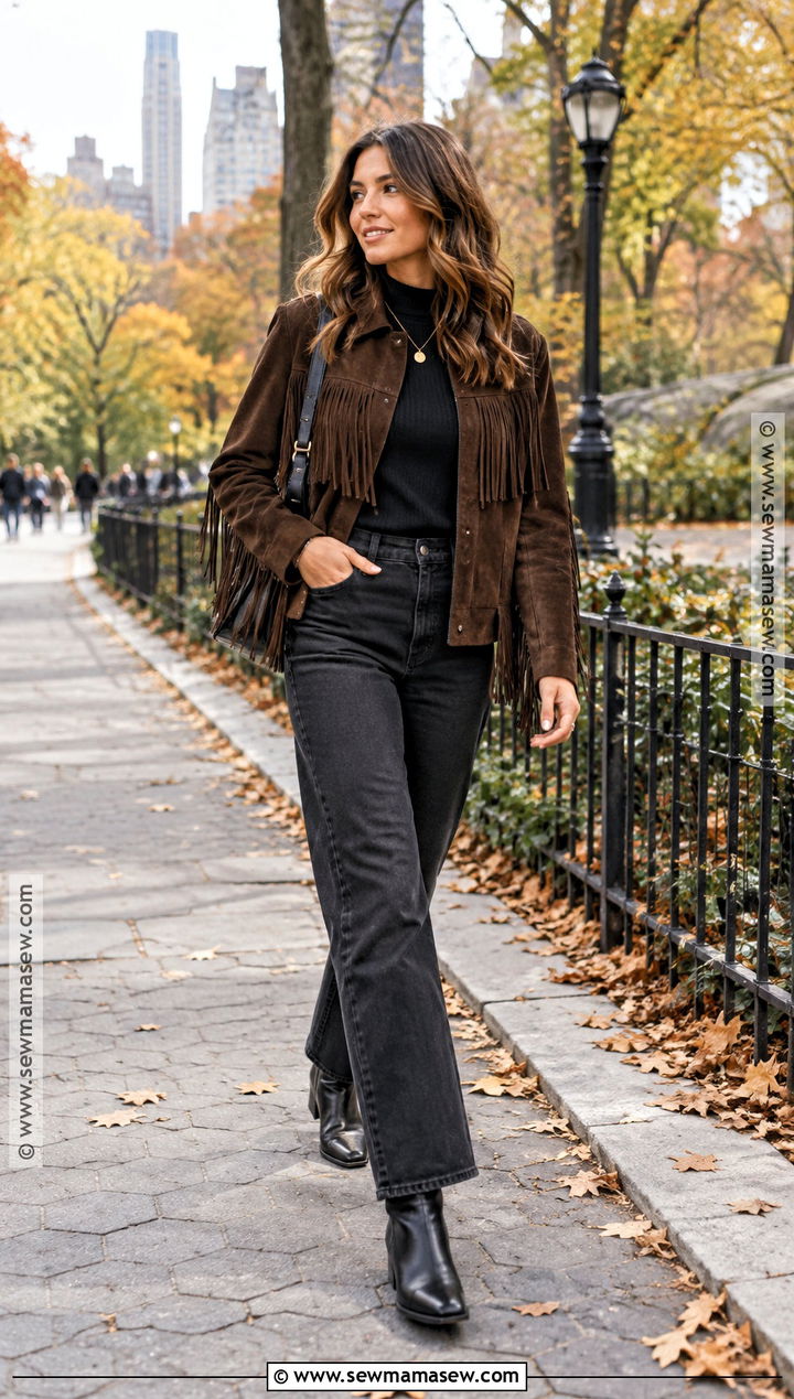 New York Fringe Jacket and Straight Leg Pants Outfit - 25 autumn new york outfits