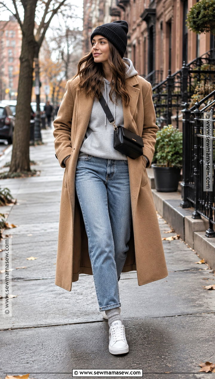 New York November Hoodie And Wool Coat Outfit - 20 Outfits For New York In November