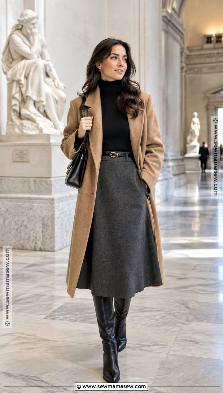 New York November Midi Skirt And Tall Boots Outfit - 20 Outfits For New York In November