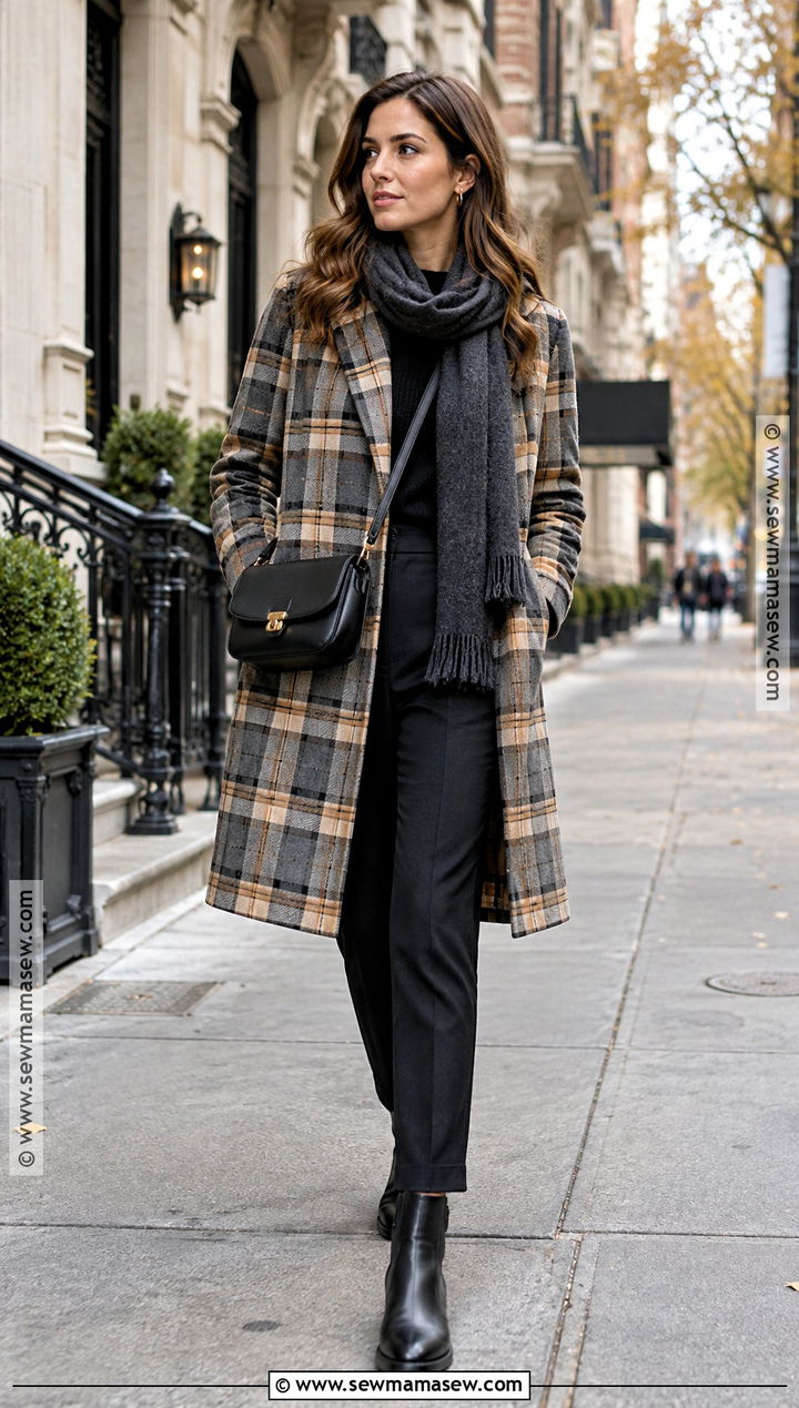 New York November Plaid Coat And Black Pants Outfit - 20 Outfits For New York In November