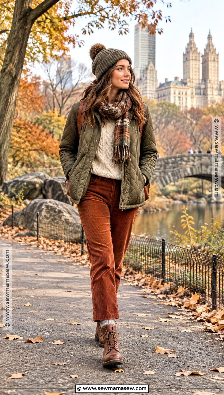New York November Quilted Jacket And Corduroy Pants Outfit - 20 Outfits For New York In November