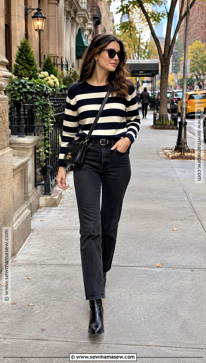 New York September Striped Sweater And Black Jeans Outfit - 25 new york outfits september