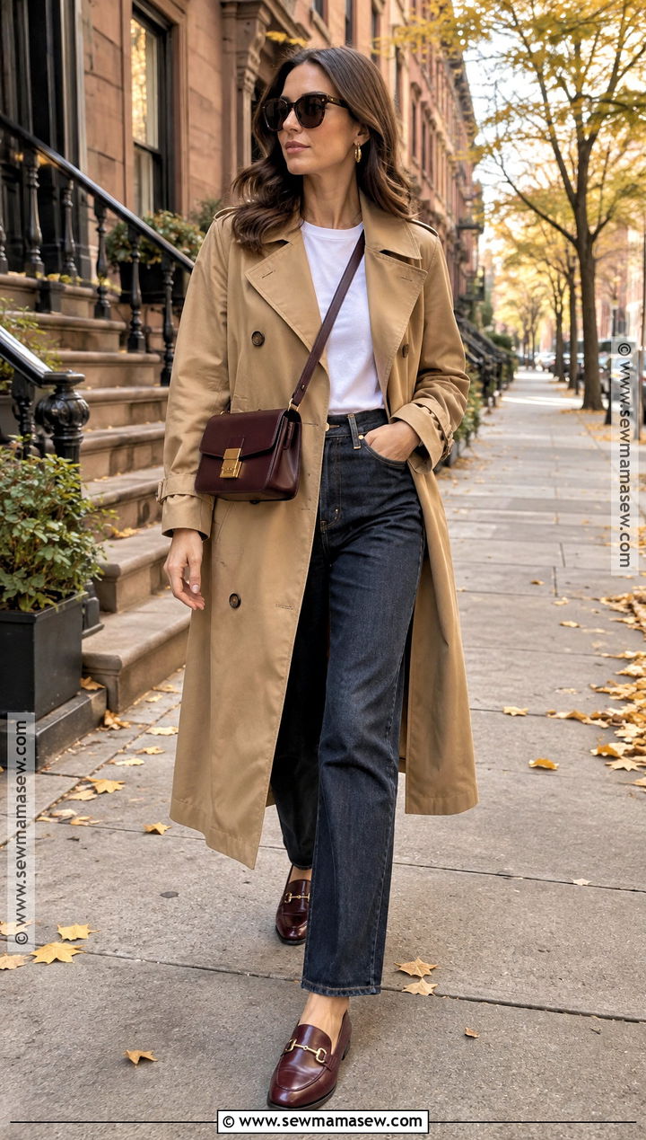 New York Trench Coat and Straight Leg Jeans Outfit - 25 autumn new york outfits