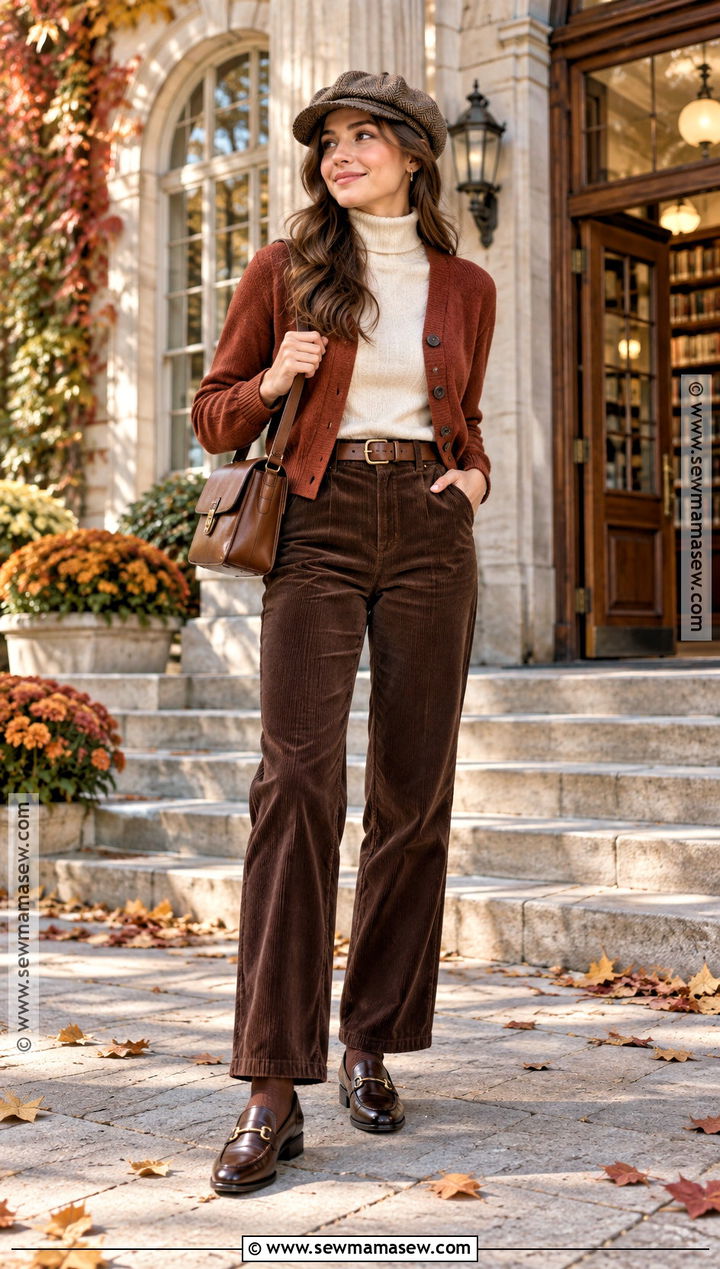 Newsboy Cap With Cardigan And Corduroy Pants - 15 Fall Fashion Hat Ideas