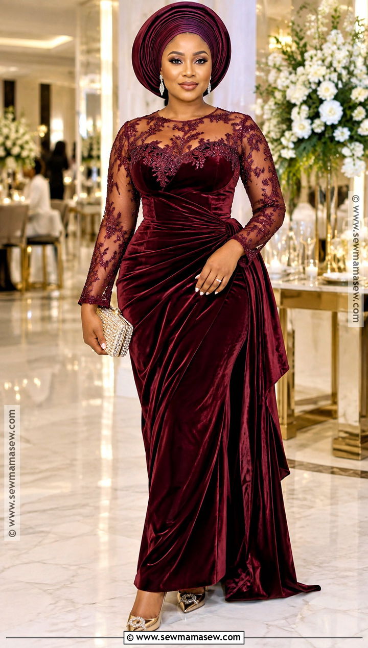 Nigerian Thanksgiving Velvet And Lace Gown - 15 nigerian thanksgiving outfit ideas