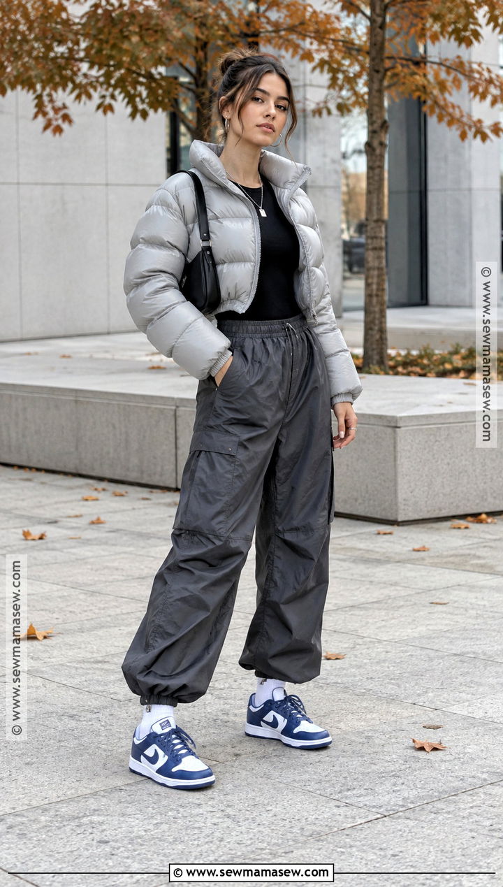 Nike Dunk Low With Parachute Pants And Cropped Puffer - 15 nike dunk low outfit fall ideas