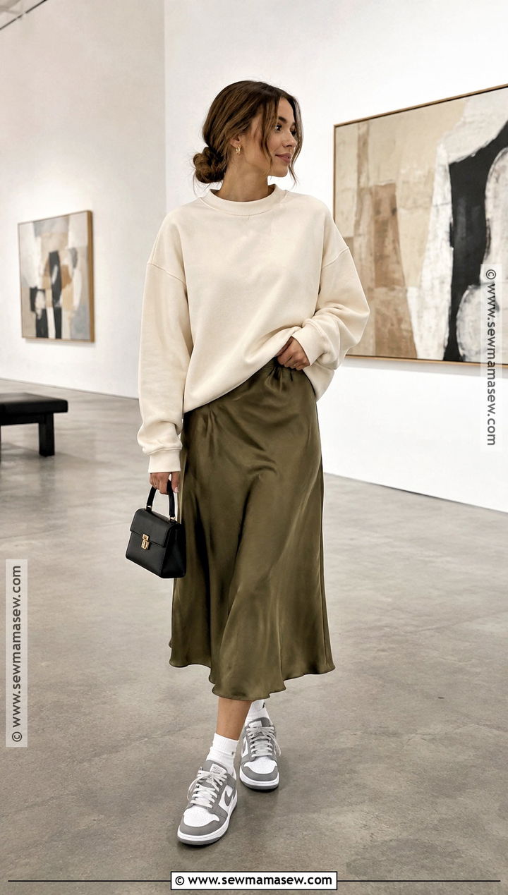 Nike Dunk Low With Satin Midi Skirt And Sweatshirt - 15 nike dunk low outfit fall ideas