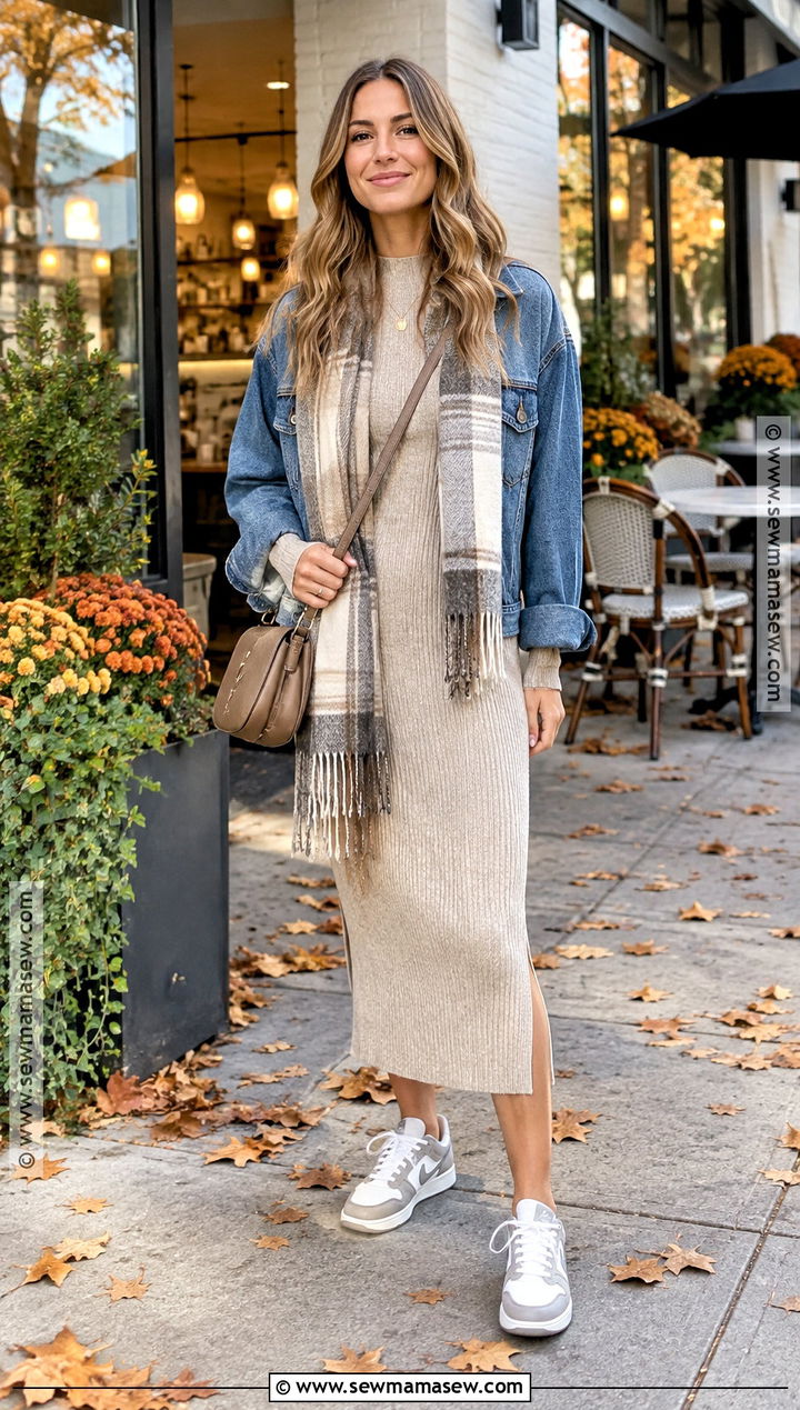 Nike Dunk Low With Sweater Dress And Denim Jacket - 15 nike dunk low outfit fall ideas