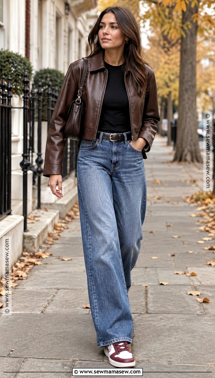 Nike Dunk Low With Wide Leg Jeans And Leather Jacket - 15 nike dunk low outfit fall ideas