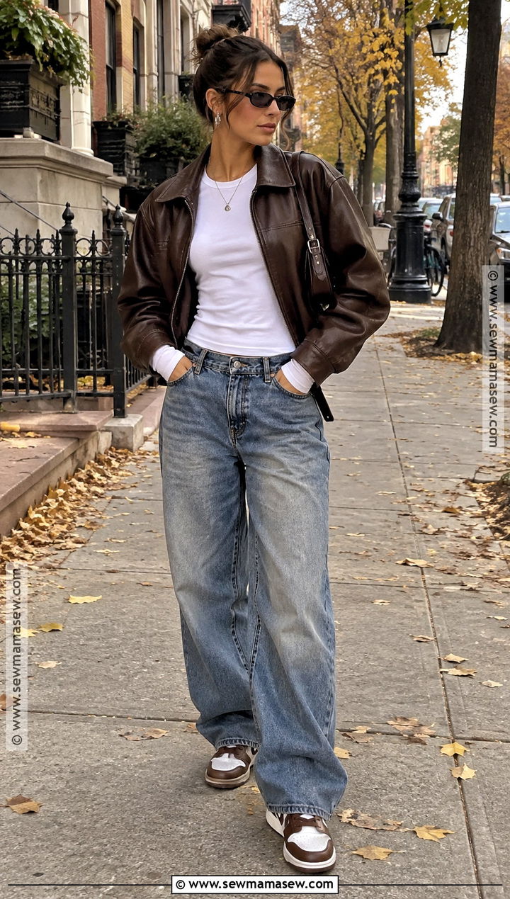 Nike Dunk Outfit With Baggy Jeans and a Leather Jacket - 15 nike dunk fall outfit ideas