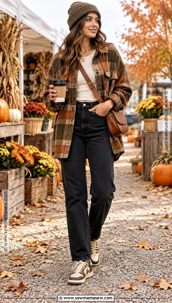 Nike Dunk Outfit With Black Jeans and a Shacket - 15 nike dunk fall outfit ideas