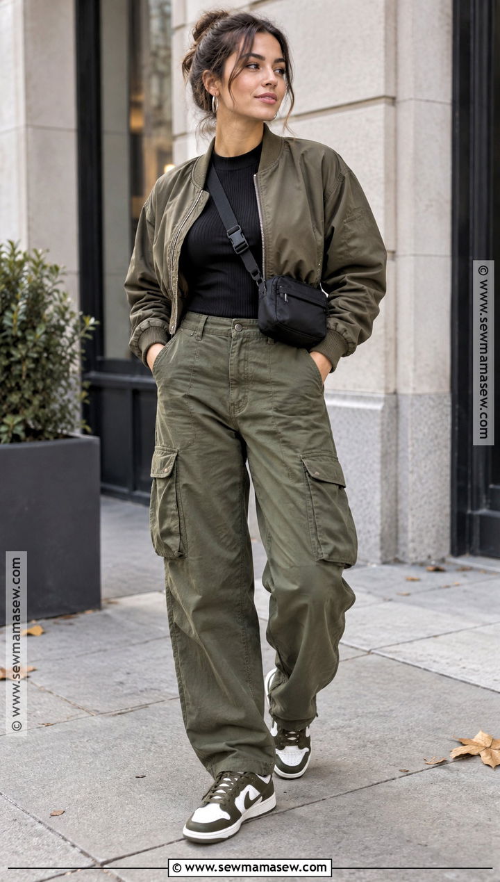 Nike Dunk Outfit With Cargo Pants and a Cropped Jacket - 15 nike dunk fall outfit ideas