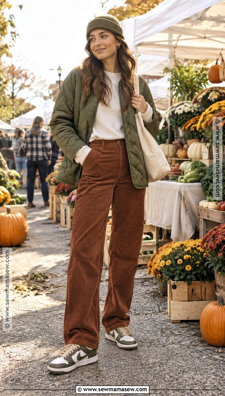 Nike Dunk Outfit With Corduroy Pants and a Quilted Jacket - 15 nike dunk fall outfit ideas