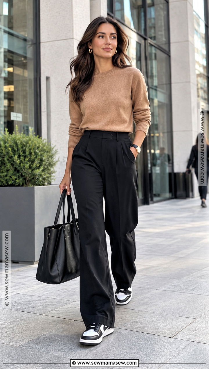 Nike Dunk Outfit With Wide Leg Trousers and a Sweater - 15 nike dunk fall outfit ideas