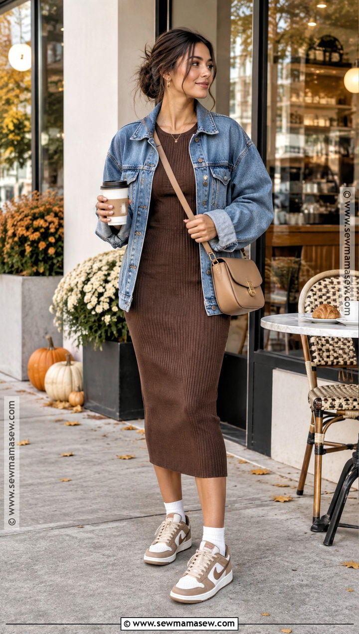 Nike Dunk Outfit With a Knit Dress and Denim Jacket - 15 nike dunk fall outfit ideas