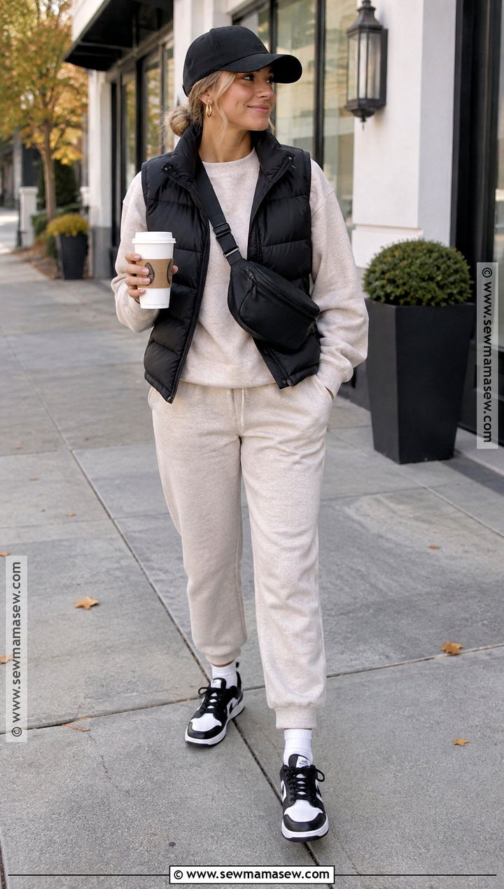 Nike Dunk Outfit With a Matching Sweatsuit and Puffer Vest - 15 nike dunk fall outfit ideas